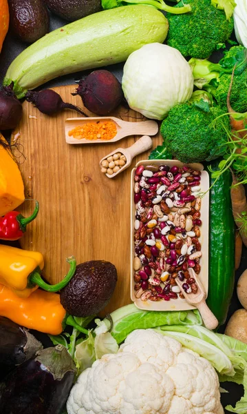Concepto Súper Alimentos Frescos Con Verduras Frijoles Alimentos Ricos Fibra — Foto de Stock