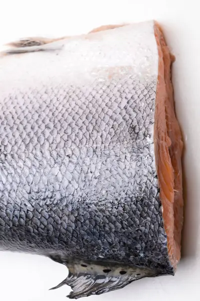 Saumon Sur Fond Blanc Queue Oméga Aliments Riches Protéines — Photo