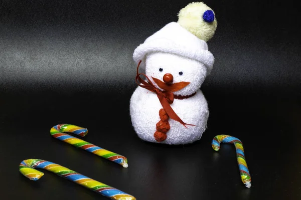 Christmas Background Candy Canes Snowman Toy Xmas New Year Greeting — Stock Photo, Image
