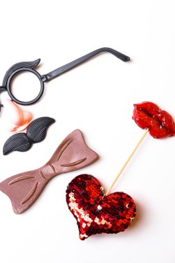 men and women concept men glasses, mustache, women candy red lips and red heart isolated on white, Birthday parties, weddings, Valentine day.