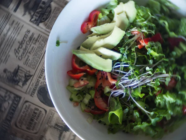 Salada Legumes Frescos Com Pepino Alface Abacate Brotos Verdes Pimentão — Fotografia de Stock