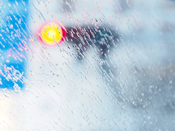 Pioggia Sul Parabrezza Luci Sfocate Sfondo — Foto Stock