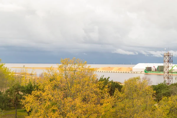 Vista Aérea Sobre Puerto Eesti Bosque Otoño Mar — Foto de Stock