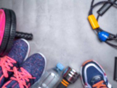 soyut bulanık spor ekipmanları arka plan. Üstten Görünüm. Motivasyon, kopya alanı