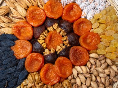 Kuru Kayısı kuru üzüm fındık arka plan. Sağlıklı gıda kavramı