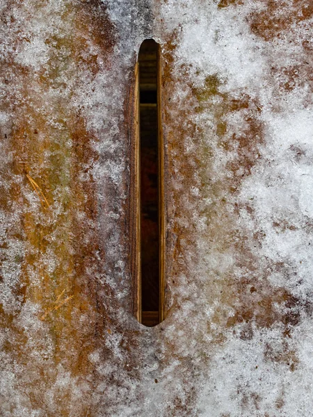 Textura Madera Marrón Con Copos Nieve Sobre Ella Fondo Invierno — Foto de Stock