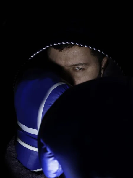 Boxer Cara Luvas Boxe Fundo Preto Conceito Poder Conceito Força — Fotografia de Stock