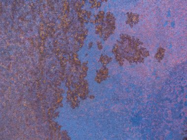 Pas doku ile eski mavi boyalı duvar. Grunge paslı metal arka plan. Pas lekeleri.