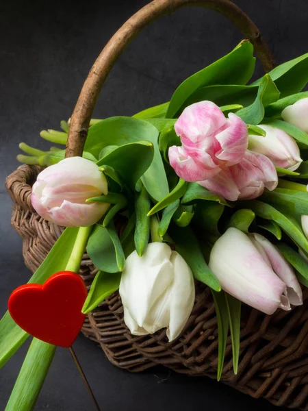 Tavaszi Tulipán Virágok Rózsaszín Szürke Háttéren Közelről Március Valentin Nap — Stock Fotó