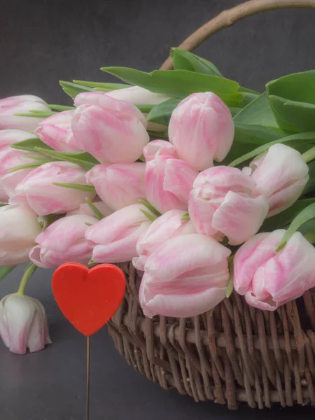 Spring Tulips Wooden Basket Grey Background Happy Mothers Day Romantic — Stock Photo, Image