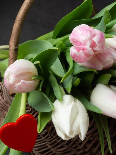 Tulipas Primavera Cesta Madeira Sobre Fundo Cinza Feliz Dia Das — Fotografia de Stock