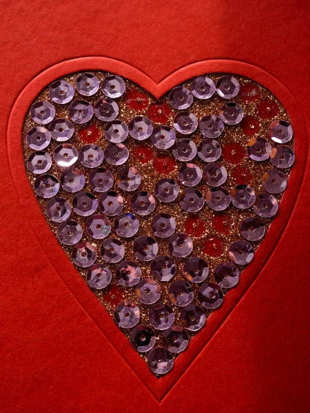 Glitter Red Sequin Heart Shape Isolated Red Background Love Valentine — Stock Photo, Image