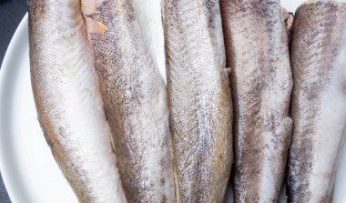 Dondurulmuş balık hake beyaz tabakta izole