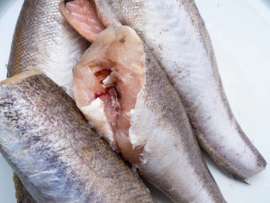 çiğ balık hake carkasses beyaz plaka üzerinde