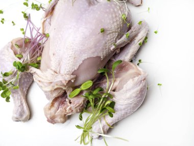 microgreens otlar ile beyaz arka plan üzerinde organik çiğ bütün tavuk