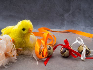 Paskalya yumurtaları ve gri arka plan üzerinde tavuk