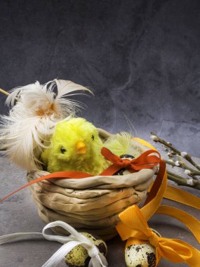 Willow twigs komik tavuk ve yumurta ile el yapımı yuvadan Paskalya