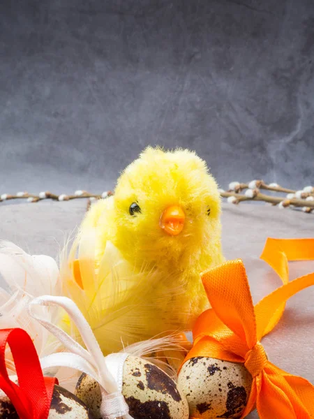 easter eggs, yellow chicken toy, willow- the symbol of Easter