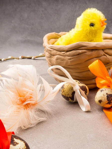 easter eggs, yellow chicken toy, willow- the symbol of Easter