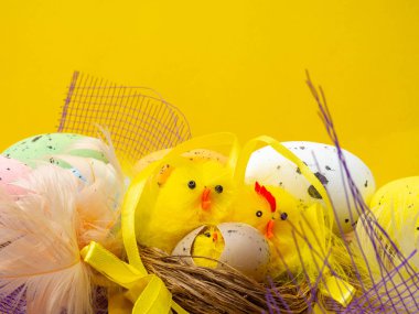 Paskalya kompozisyon, renkli yumurta, yuva tavuk, renk tüy