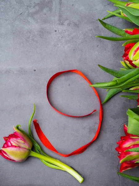 Vörös tulipán, piros szalaggal elkülönítve a beton háttér. A győzelem napja vagy a haza védője nap. — Stock Fotó