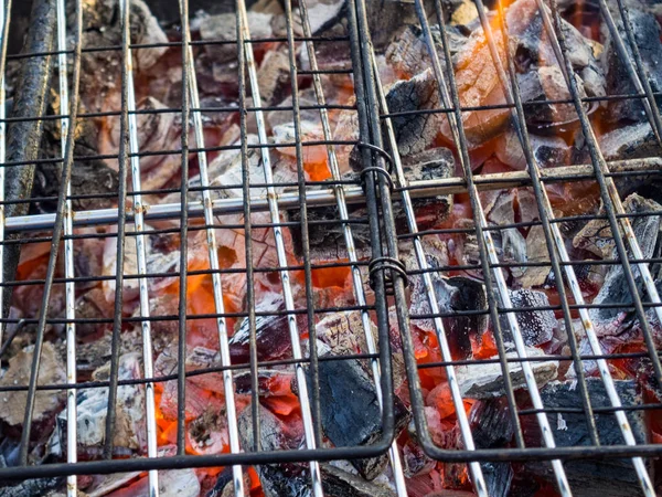hot coals of the grill, outdoor recreation, fire on the coals. Preparation of fire for shish kebab. picnic.