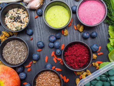 Diyet ve beslenme, superfood vegan organik sağlıklı yaşam tarzı kavramı.