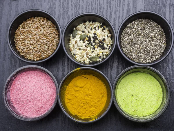 Different superfood powders, seeds, detox concept — Stock Photo, Image