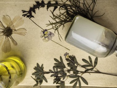 Tarz güzellik arka plan, web afiş. Cilt maskesi, tonicum şişesi, kuru çiçekler, yapraklar. Organik kozmetik, spa konsepti. üst görünüm