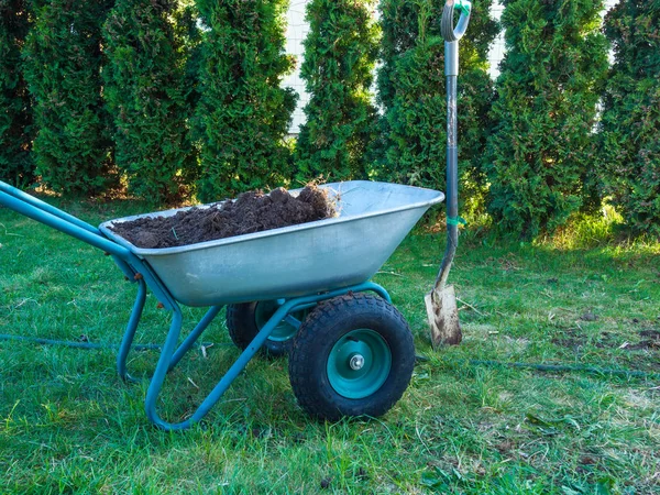 Chariot de jardin pour la plantation palnt dans le jardin avec pelle — Photo