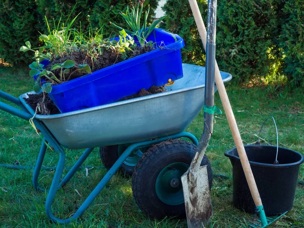 Metal garden cart filled with branches, shovel and bucket, rake — Stock Photo, Image