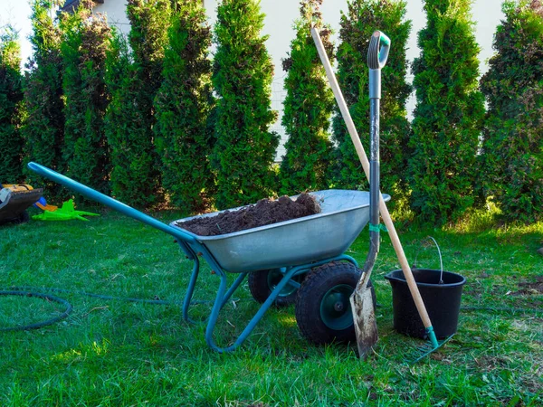 Φτυάρι, καροτσάκι στο γρασίδι κήπου, με κουβά, κηπουρική ιδέα — Φωτογραφία Αρχείου