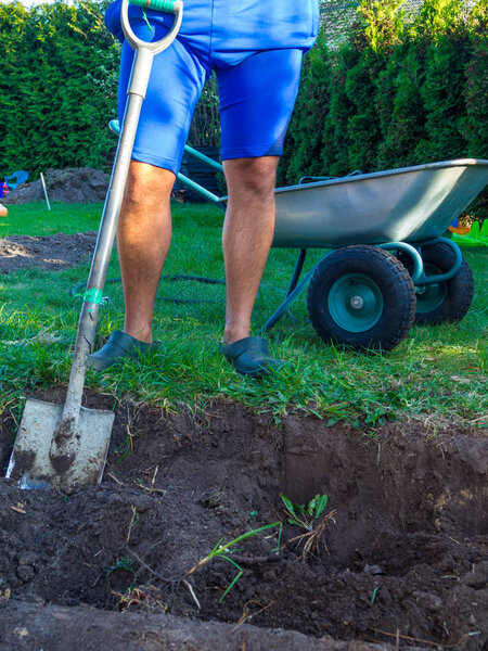 man digging a garden for new plants, and wheelbarrow in garden