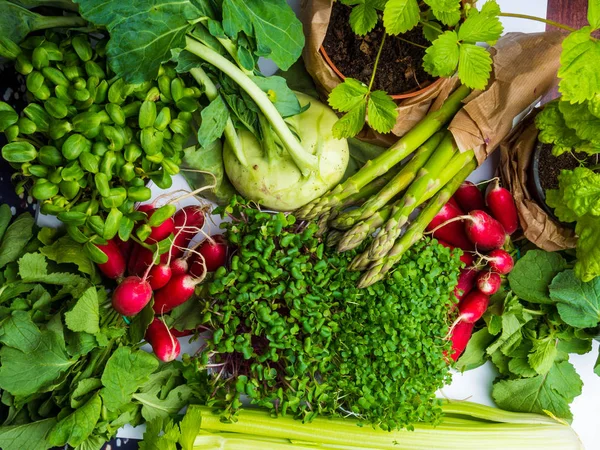 Composición con variedad de verduras orgánicas crudas. Dieta equilibrada —  Fotos de Stock