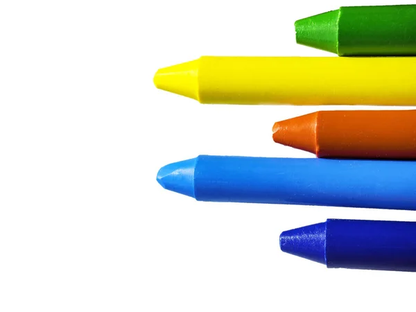 Bright color palette of crayons on the table. 1 September concept postcard, teachers day. Top view copyspace — Stock Photo, Image