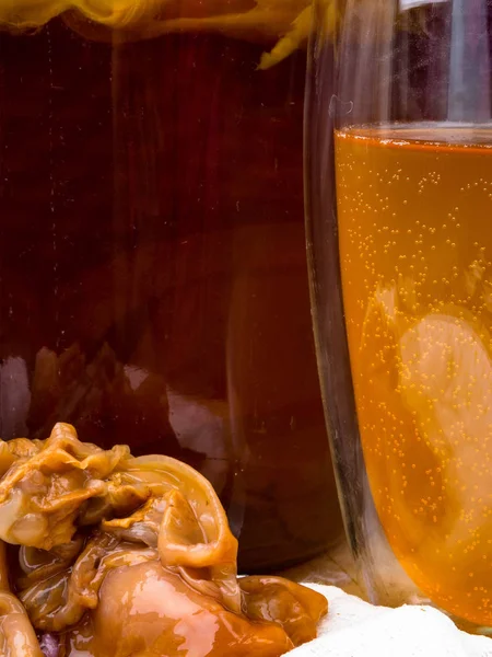 Kvašené nápoje, Jun čaj zdravý přírodní probiotický ve skleněné sklenici. — Stock fotografie