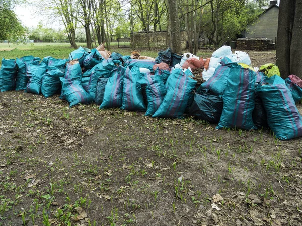 volunteering, charity, cleaning, people and ecology concept - garbage bags cleaning area in park