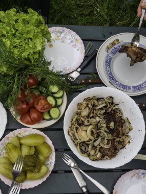table with food, bbq picnic top view, selective focus