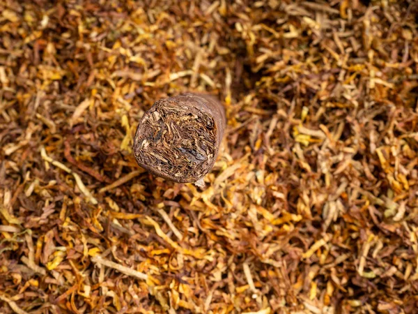 Στοίβα κουβανέζικα πούρα για τον καπνό πίσω στρογγυλό αυθεντικό σπιτικό κουβανέζικο πούρο. Τσιγάρα στοιβάζονται μακρο κοντινό πλάνο φύλλο καπνού. — Φωτογραφία Αρχείου