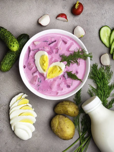 Cold yogurt soup with beets, cucumbers, dill, potatoes