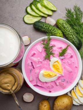 Holodnik - geleneksel Litvanya sebze Genç pancar pancarı, patates, salatalık, yumurta ve ekşi krema kefir yapılan soğuk taze yaz çorbası . Seçici odaklama