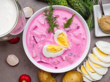 Salatalık, dereotu ve yeşil soğan, detoks, diyet, temiz gıda ile taze soğuk sebze pancar çorbası. Holodnik, ne zaman? Rustik tarzı. Seçici odaklama