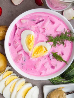 Salatalık, dereotu ve yeşil soğan, detoks, diyet, temiz gıda ile taze soğuk sebze pancar çorbası. Holodnik, ne zaman? Rustik tarzı. Seçici odaklama