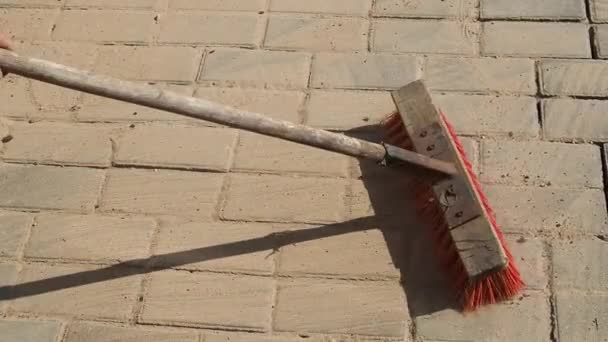 Arbeiter Bürsten Sand Fugen Neu Verlegter Blockpflastersteine Auf Einer Auffahrt — Stockvideo