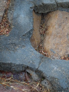 Bahçe'de çimento ile kaplama taş yolu. Meditative taş geçit. Bahçe mimarisi, yol aksesuarı