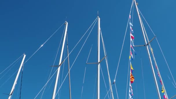 Drapeaux Nautiques Sur Les Mâts Des Yachts Contre Ciel Bleu — Video