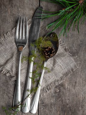 Vintage rustik çatal ülke tarzı peçete ve Noel dekorasyon - köknar ağacı brunch, ahşap arka plan üzerinde koni ile ayarlayın. Kopya alanı, üst görünüm.