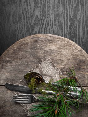 Dekor olarak havlu, çuval bezi ve yeşil dalı ile Noel masa ayarı, ahşap tahta üzerinde gümüş. Üstte görüntü.