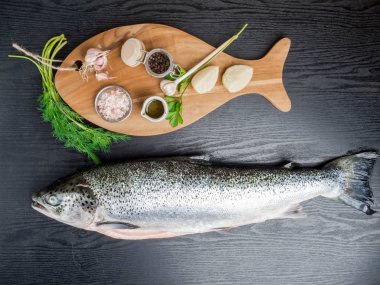 Koyu arka plan üzerinde malzemelerle taze pişmemiş somon. Sağlık kavramı. Diyet. Omega açısından zengin balıklar