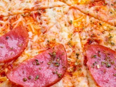malzemelerle dilimlenmiş bütün salam ve peynir pizza, yakın